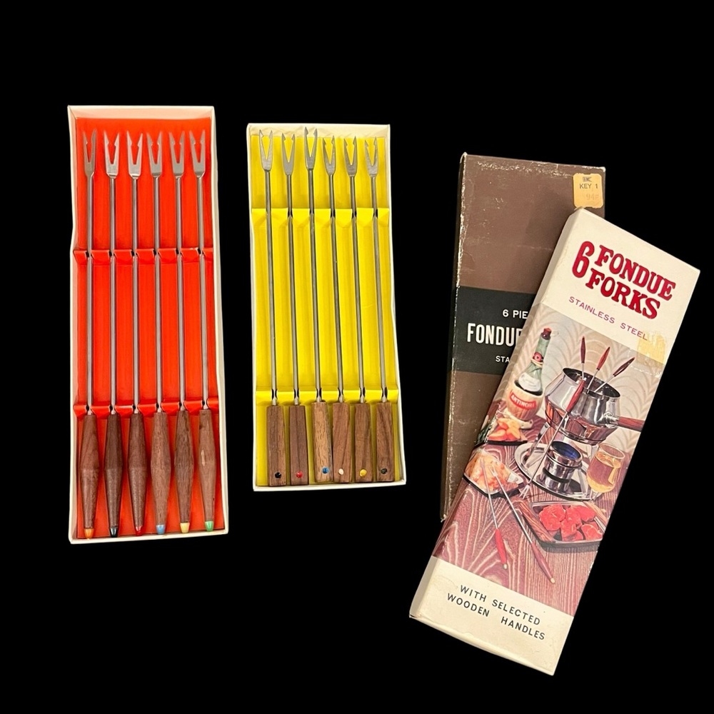 12 Fondue Forks 6pc set x2 Vintage Japan Teak Wood Color Tip Stainless 9" 10.5"